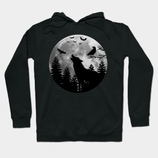 Wild Howling Wolf in the forest with raven eagle and bat Hoodie